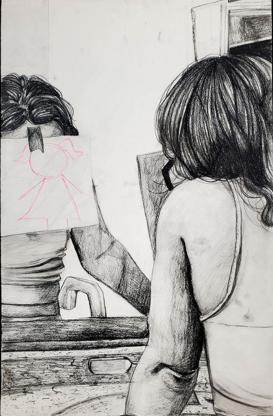 "bathroom trouble", charcoal on paper, 22 x 14, 2021