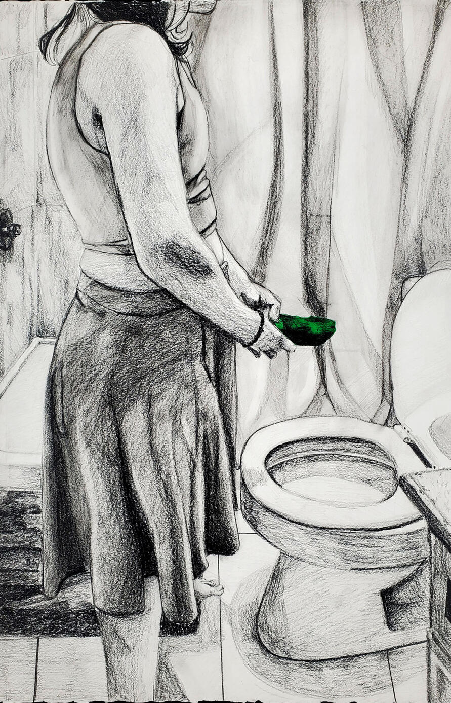 "bathroom trouble", charcoal on paper, 22 x 14, 2021