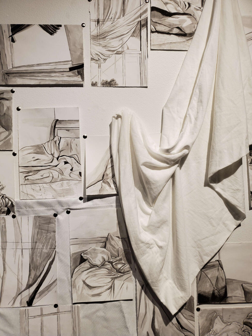 &quot;going through the motions&quot;, ink on paper, pillowcases, curtains, dimensions vary, 2023