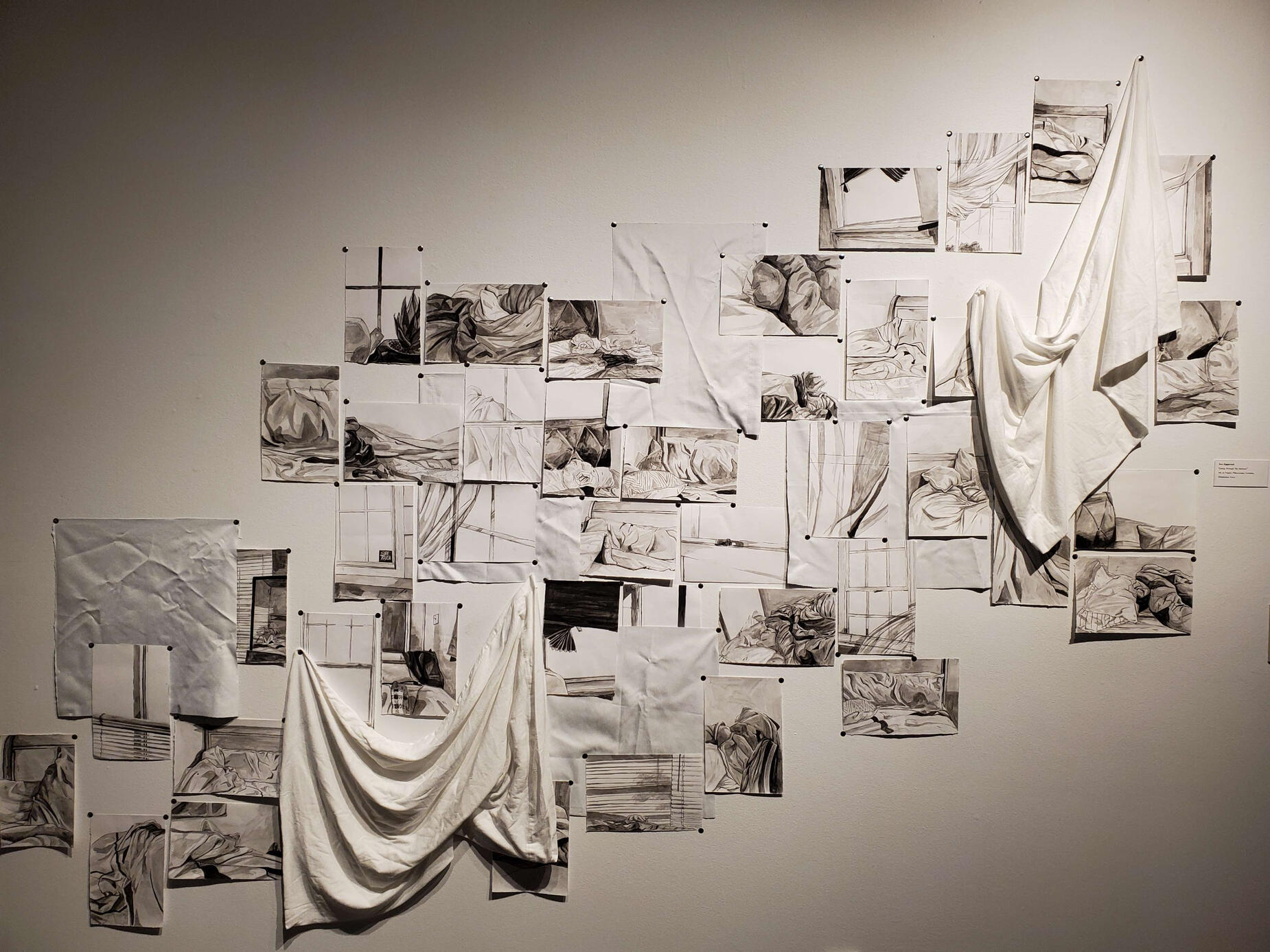 &quot;going through the motions&quot;, ink on paper, pillowcases, curtains, dimensions vary, 2023