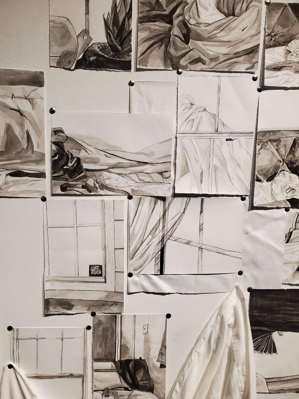 "going through the motions", ink on paper, pillowcases, curtains, dimensions vary, 2023